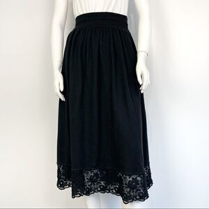 Vintage Cacharel Black Wool Blend Midi Skirt with Lace Hem